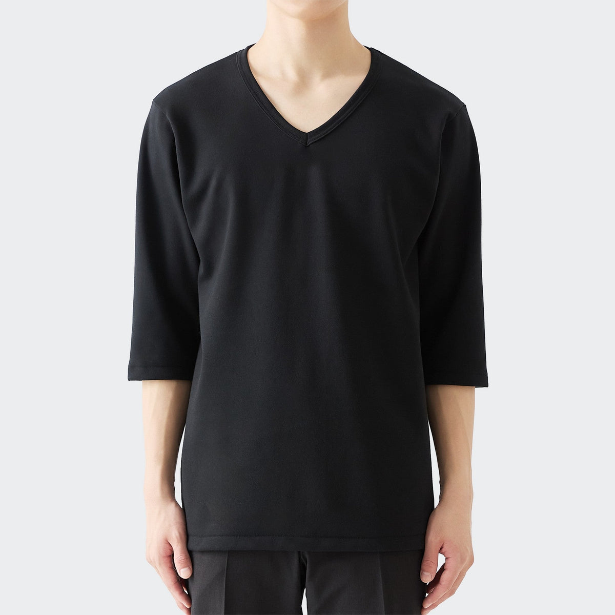 MENS ヘビー 7分袖 VネックTシャツ BLACK | 高級無地Tシャツ専門店 