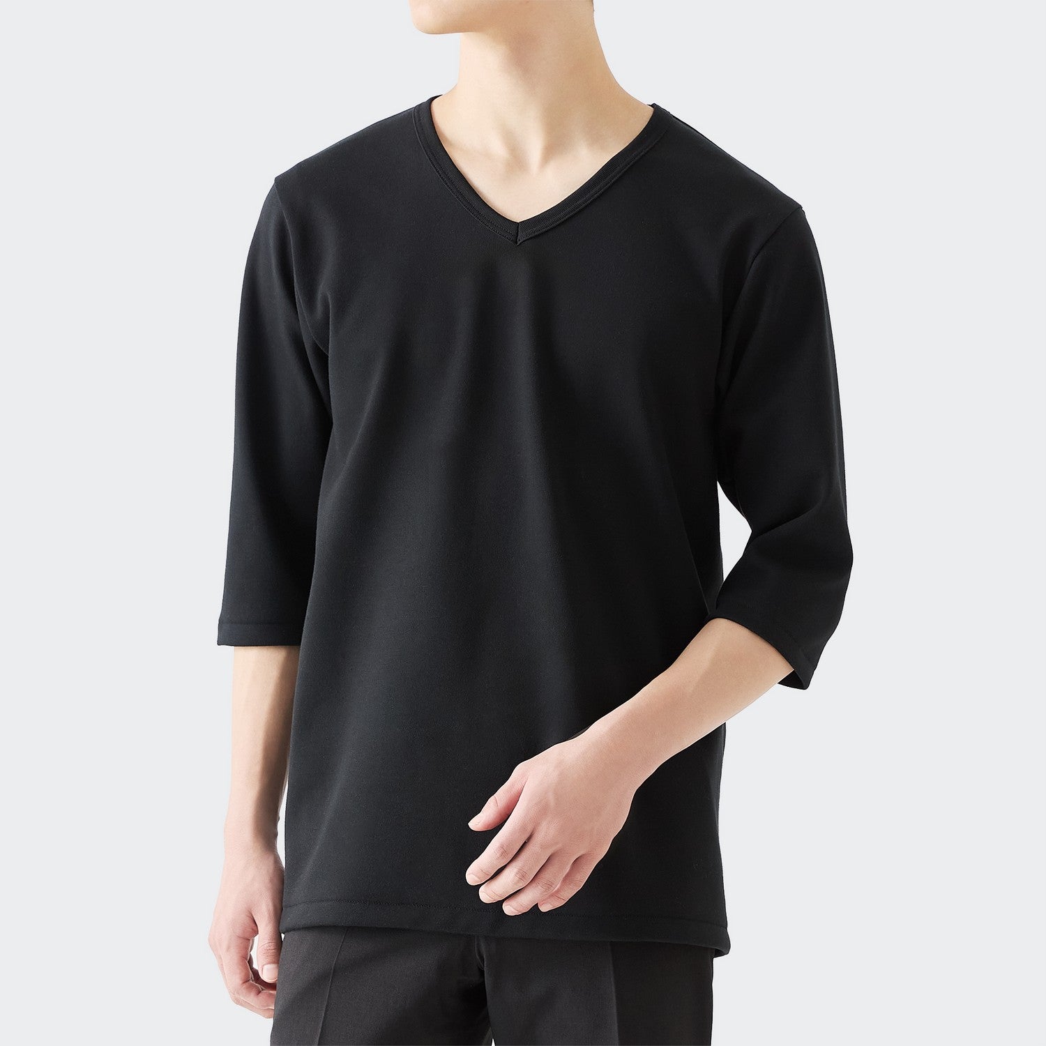 MENS ヘビー 7分袖 VネックTシャツ BLACK