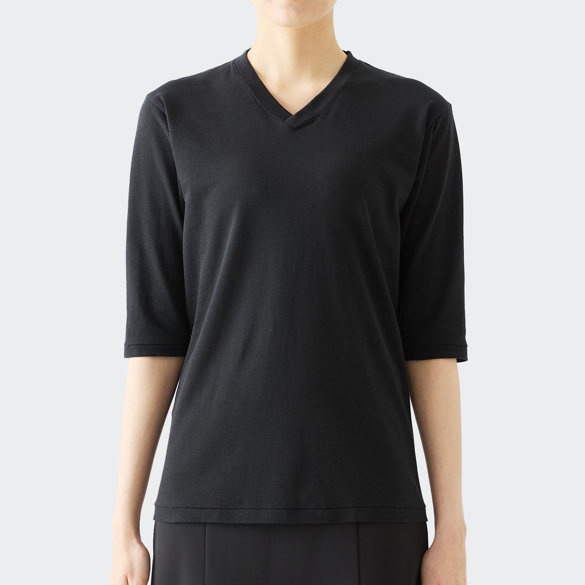 WOMENS ベーシック 7分袖 VネックTシャツ BLACK