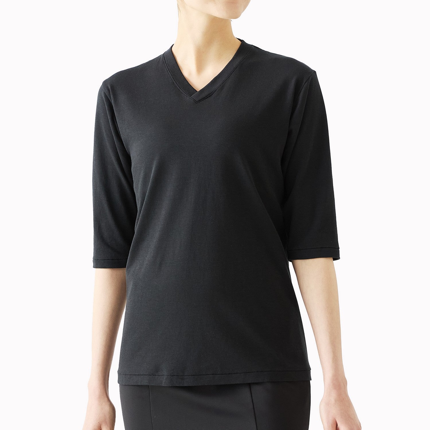WOMENS Basic 3/4 Sleeve V-neck T-shirt BLACK
