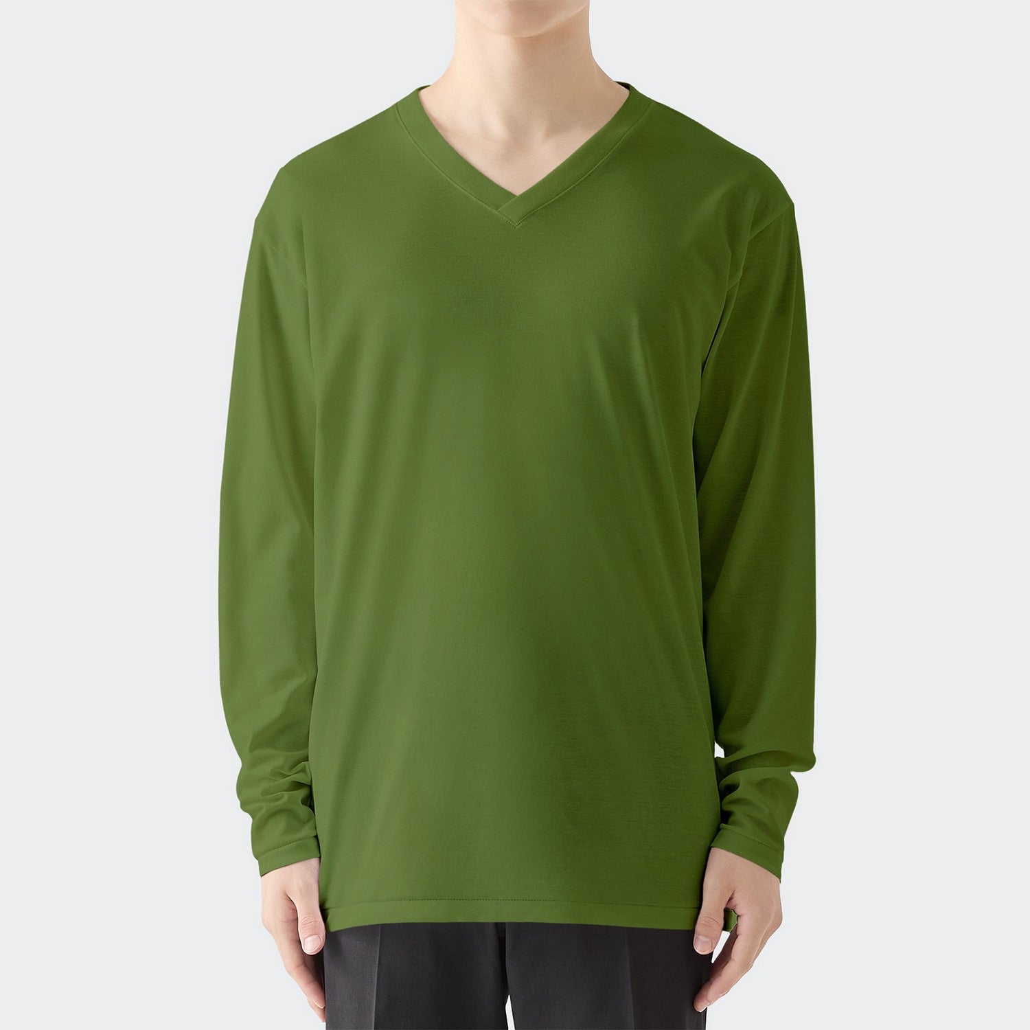 MENS ベーシック 長袖 VネックTシャツ GREEN