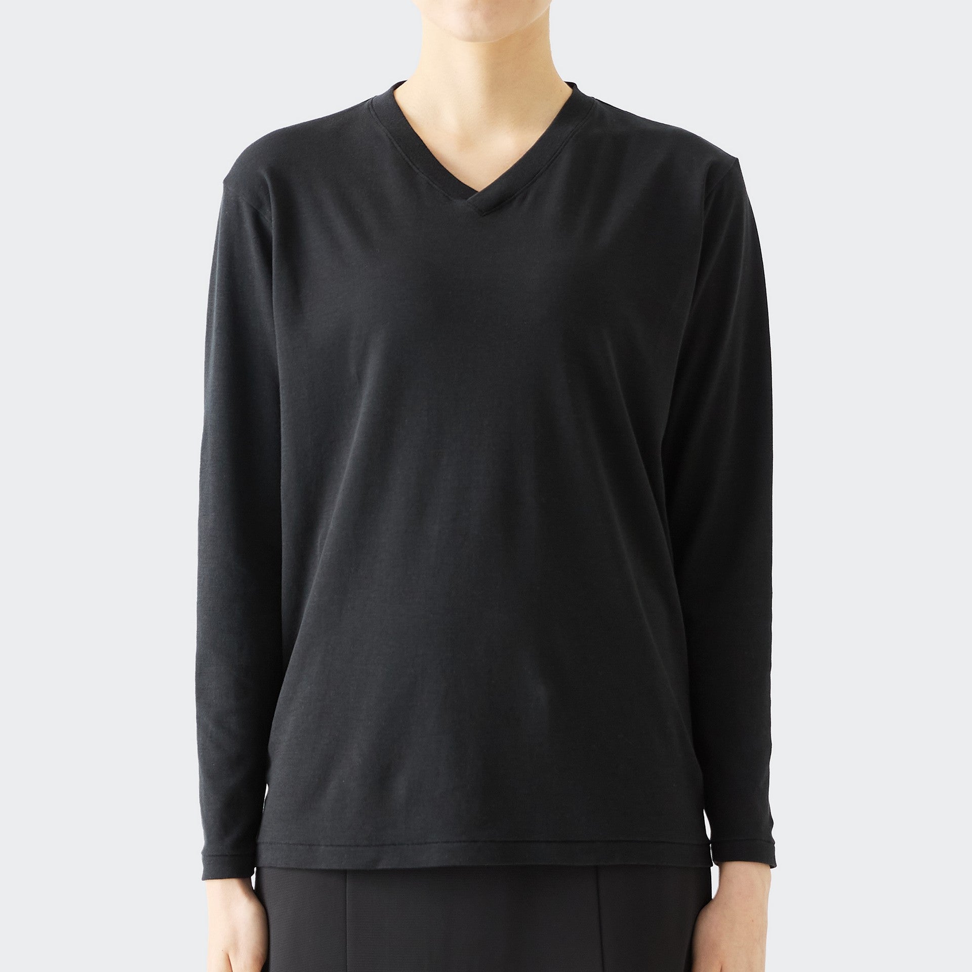 WOMENS BASIC LONG SLEEVE V-NECK T-SHIRT BLACK