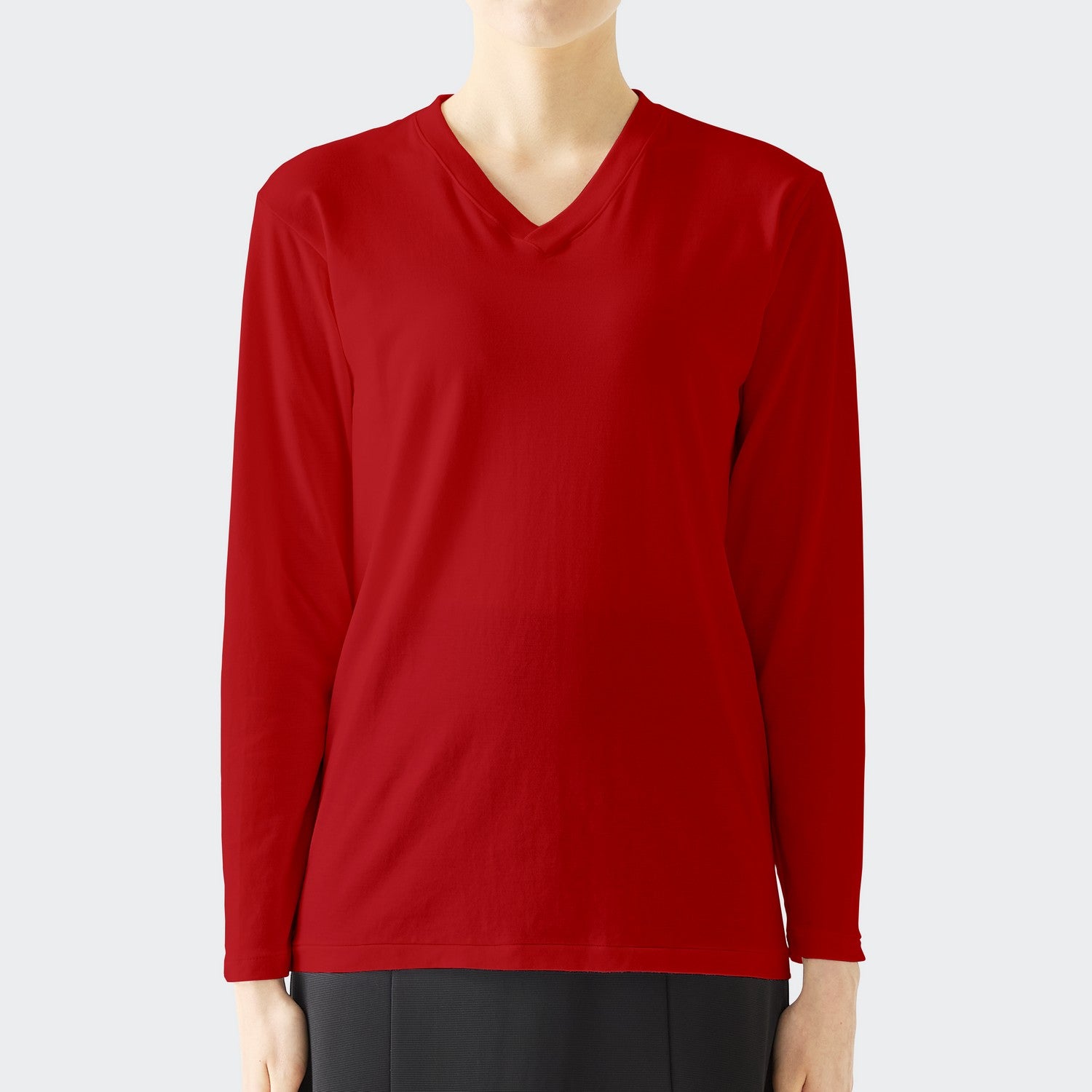 WOMENS BASIC LONG SLEEVE V-NECK T-SHIRT RED
